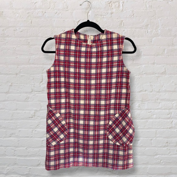 Vintage Corduroy Sleeveless Mini Dress Check Print Pink, Purple, and Cream - Picture 1 of 7